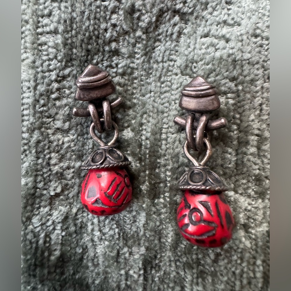 Unique engraved red bead earrings